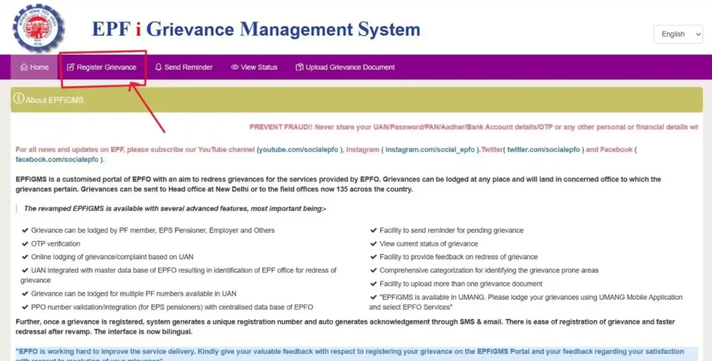 Click “Register Grievance”