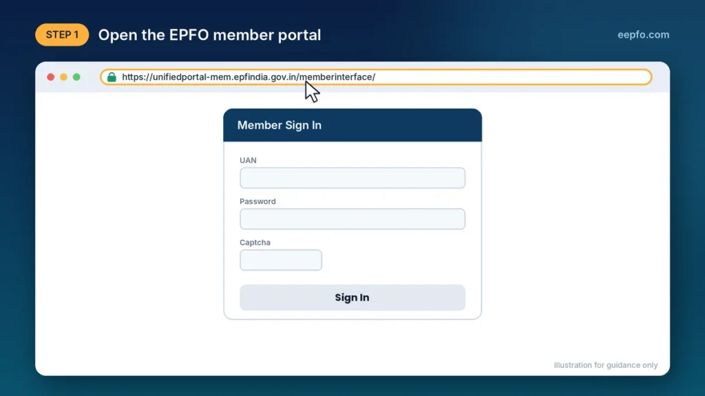 Opening the EPFO member portal login page at unifiedportal-mem.epfindia.gov.in