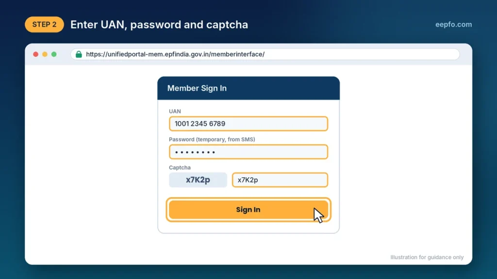 Entering UAN, temporary SMS password and captcha on the EPFO member login page