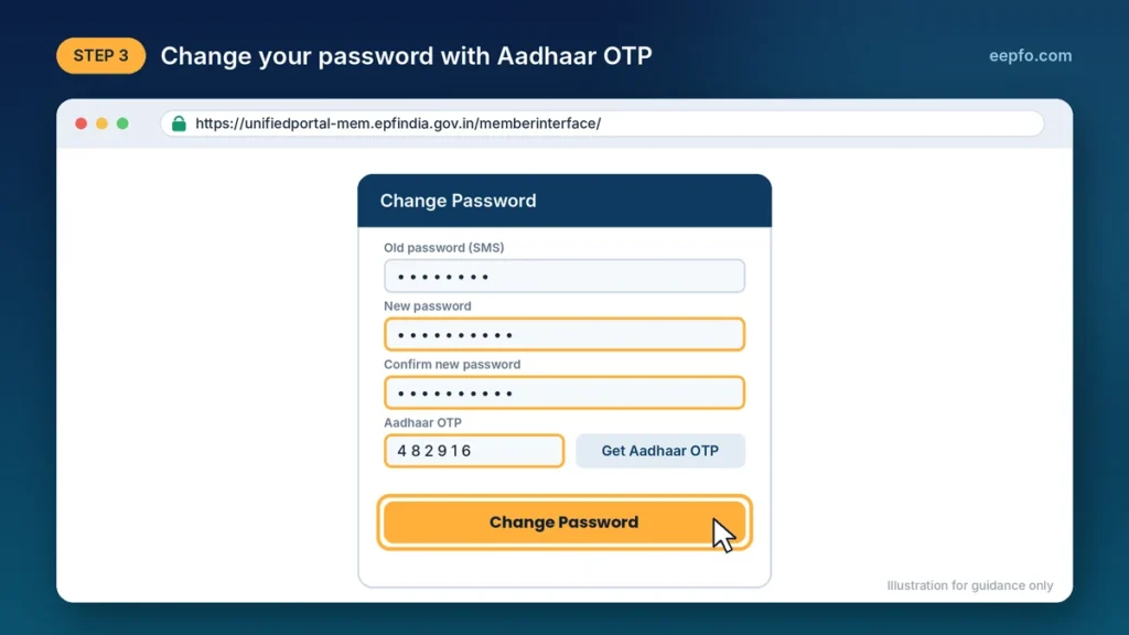 Changing the EPFO password using the old password, new password and Aadhaar OTP
