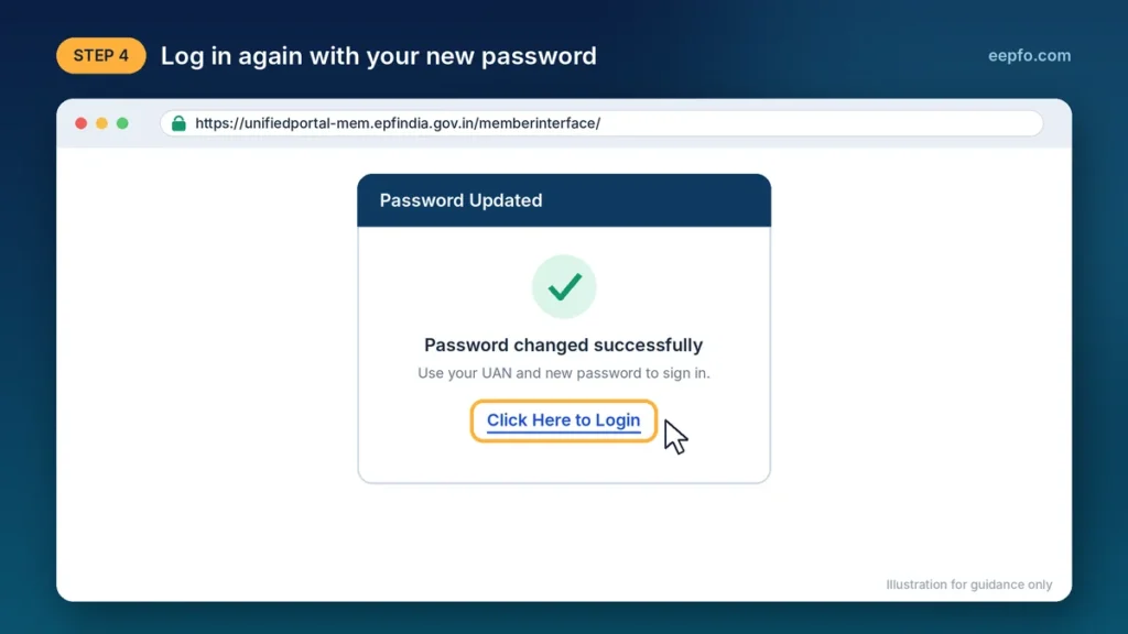 EPFO password changed successfully, with the Click Here to Login link